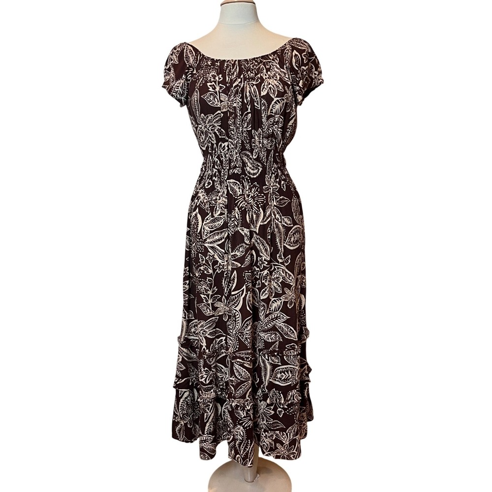 Chadwicks Brown Floral Print Dress Small Maxi Boho Peasant Hippie Tiered Y2K